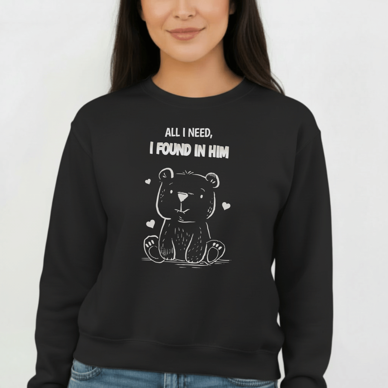 All I Need I Found in Him Sweatshirt | Christian Women’s Gift | Faith Love Crewneck | Cute Bear Graphic | Gildan 18000 Unisex
