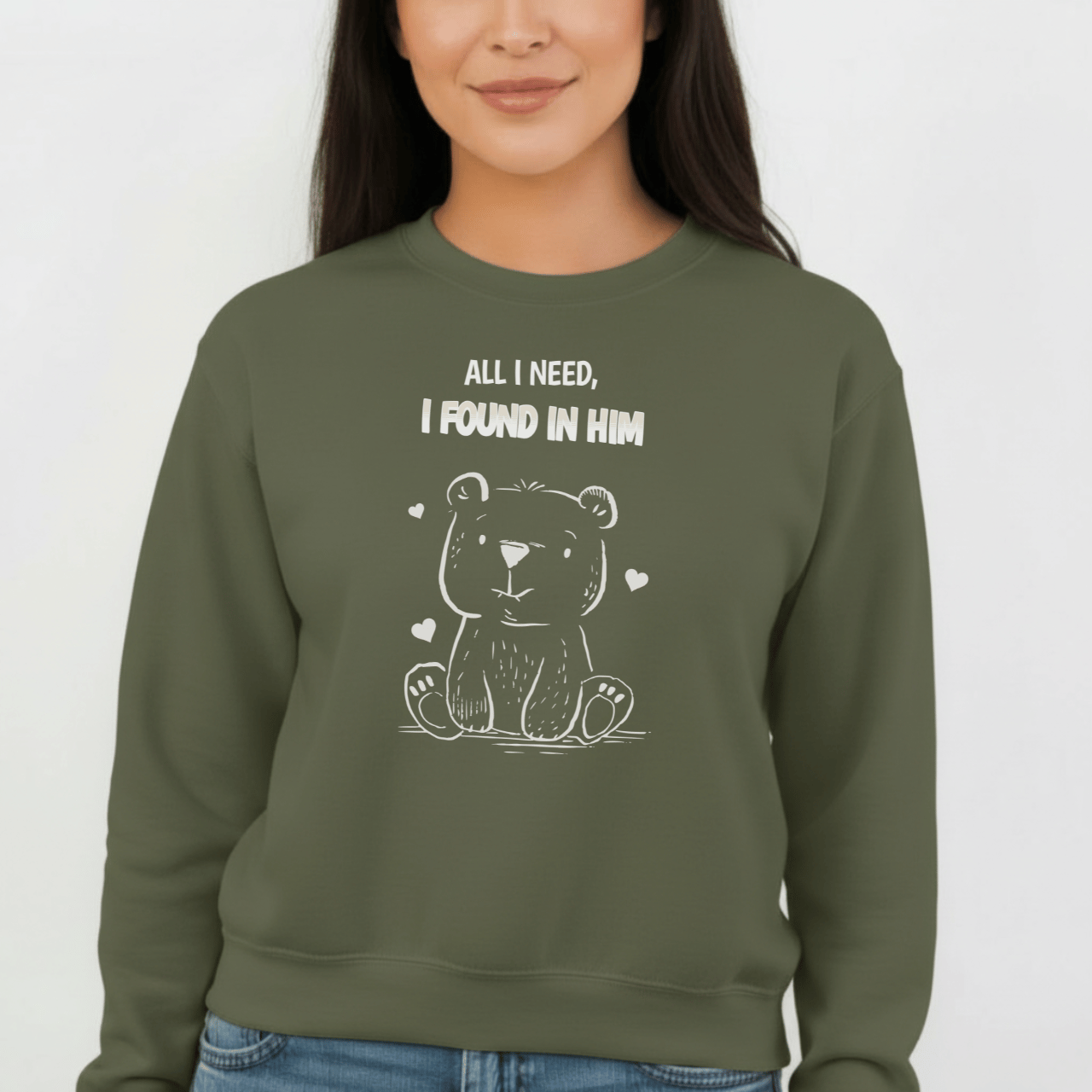 All I Need I Found in Him Sweatshirt | Christian Women’s Gift | Faith Love Crewneck | Cute Bear Graphic | Gildan 18000 Unisex