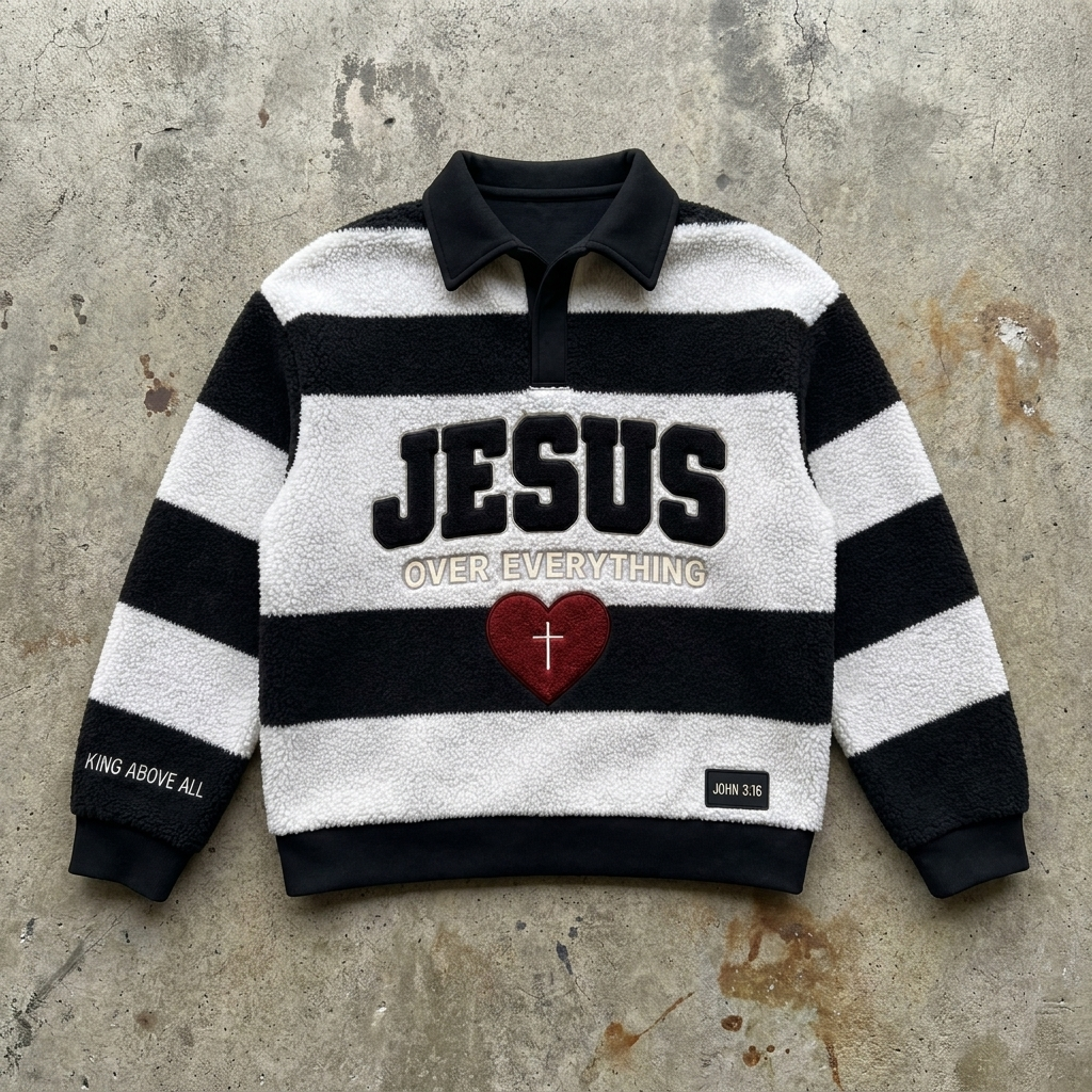Jesus Over Everything – Sherpa Stripe Rugby Pullover Goshen & Selah Co