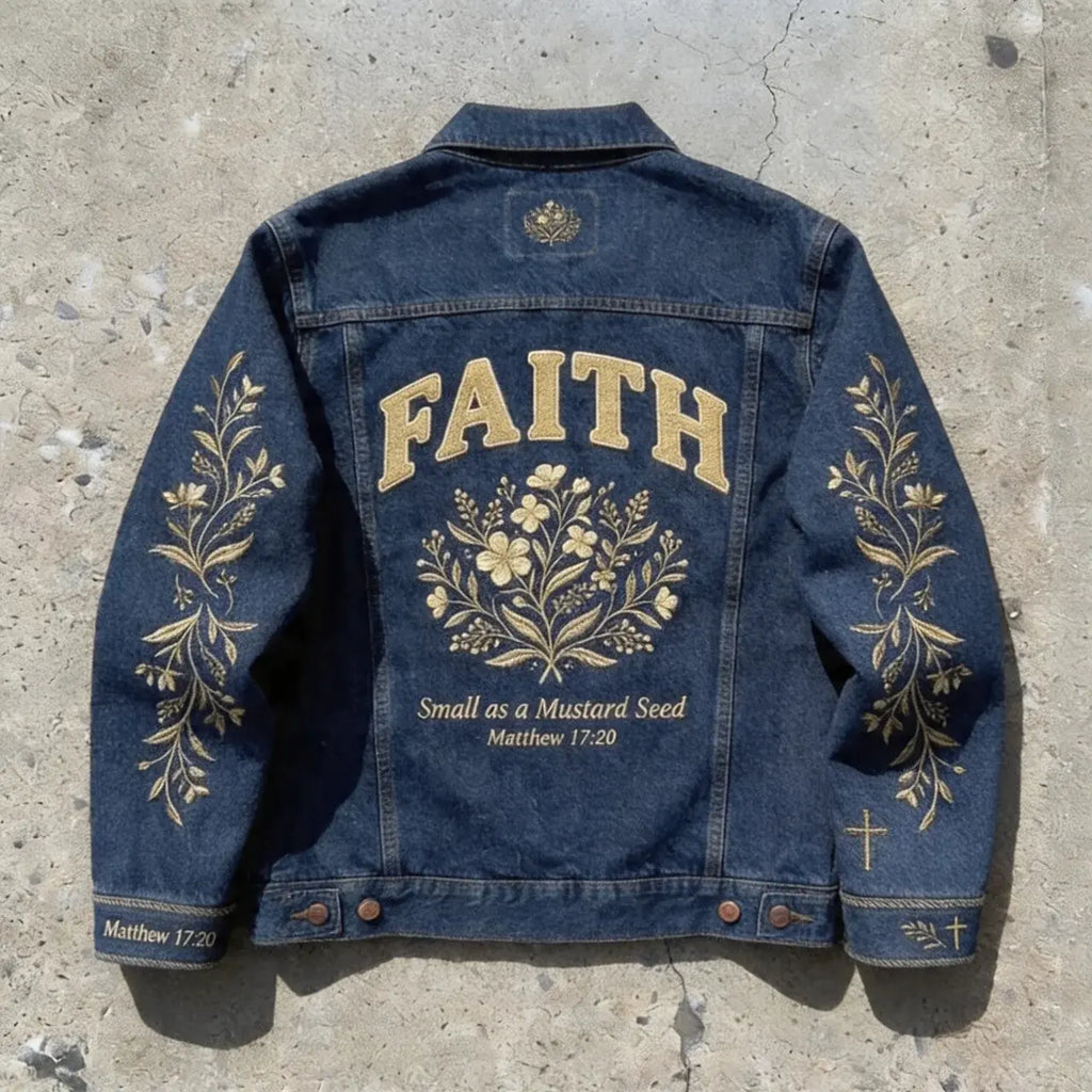 Mustard Seed Faith Jacket – Embroidered Denim Jacket Goshen & Selah Co