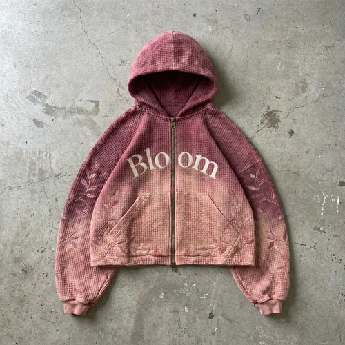 Bloom Grace – Textured Embroidered Zip Hoodie Goshen & Selah Co