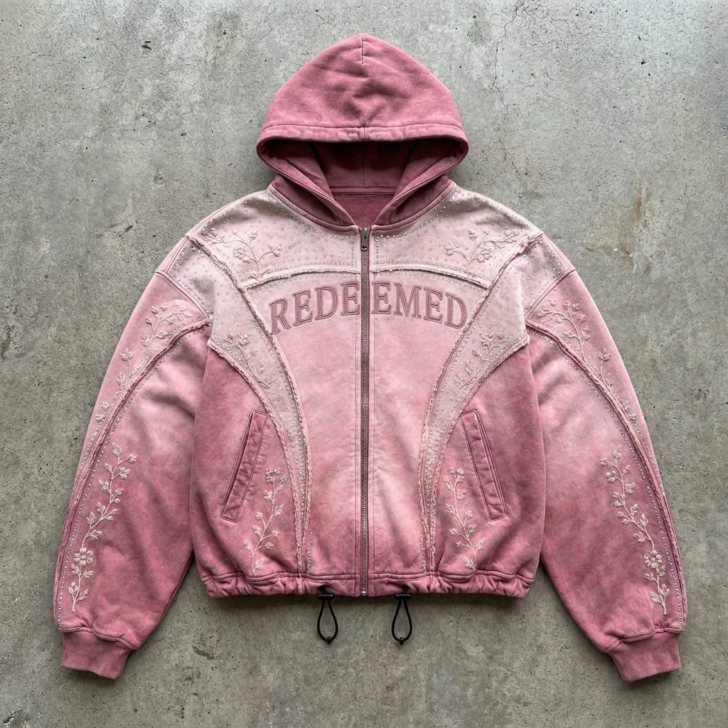 Redeemed Bloom - Vintage Rose Embroidered Zip Hoodie Goshen & Selah Co