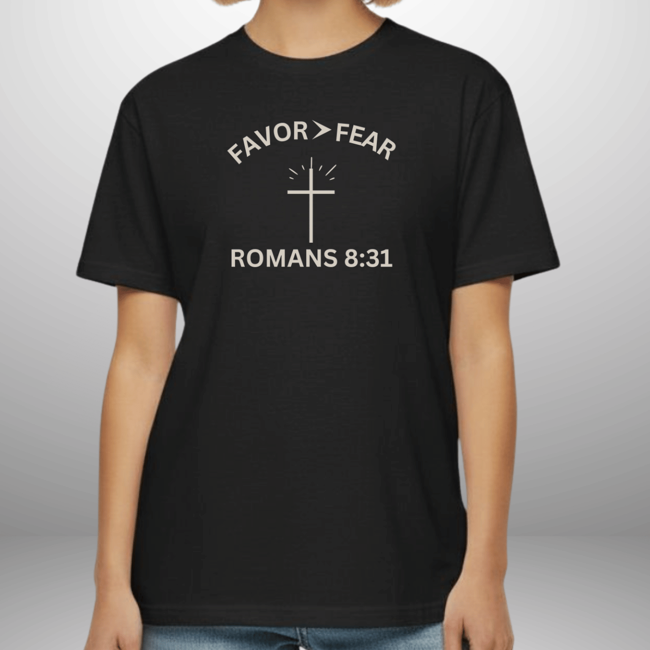 Favor > Fear (Romans 8:31 Bible Verse)  Christian-Tee Back to School — Minimal Cross | Bella+Canvas 3001