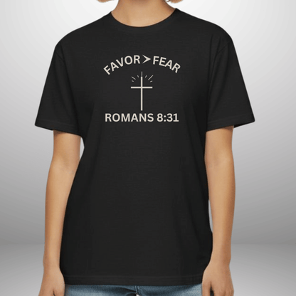 Favor > Fear (Romans 8:31 Bible Verse)  Christian-Tee Back to School — Minimal Cross | Bella+Canvas 3001
